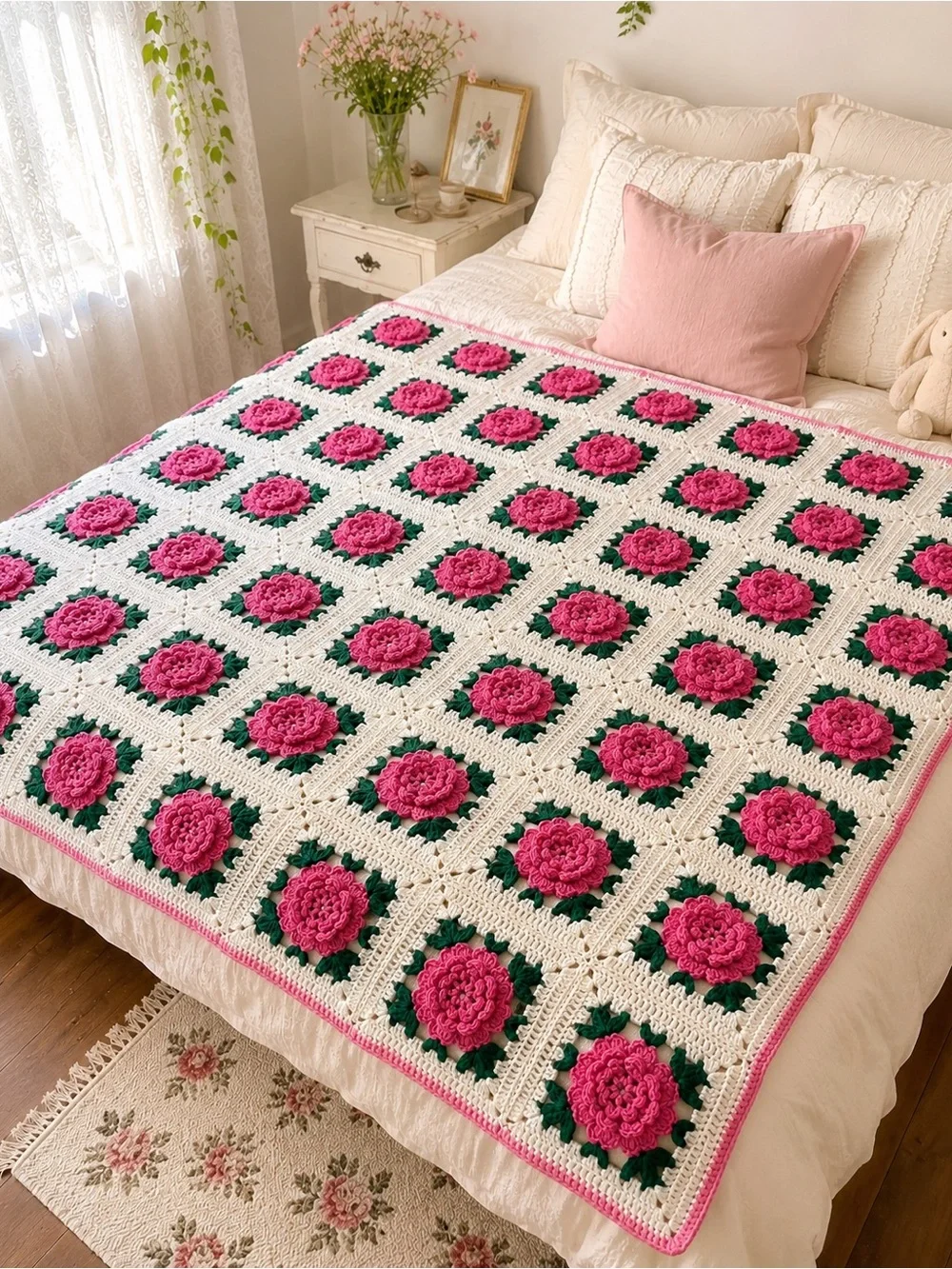 Handmade Crochet Rose Granny Square Throw Blanket Pink Floral Cottagecore 55x65